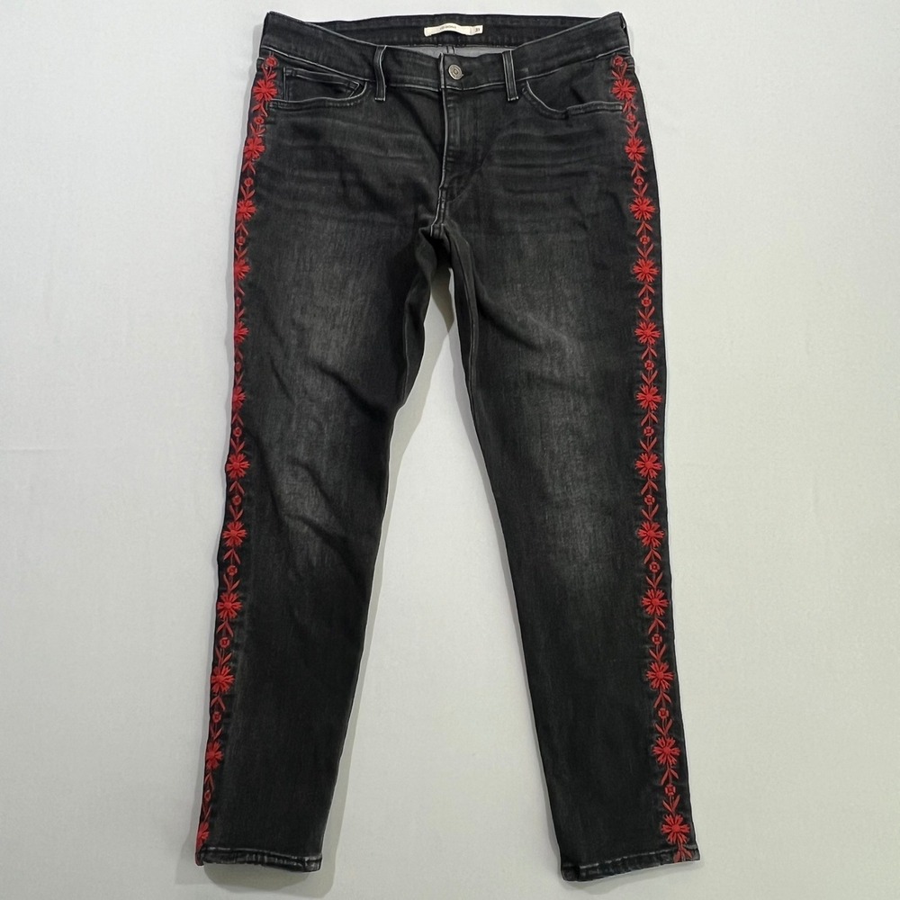 Levis 711 Skinny‎ Jeans Womens 31 Black Red Floral Embroidered Side Stripe Denim